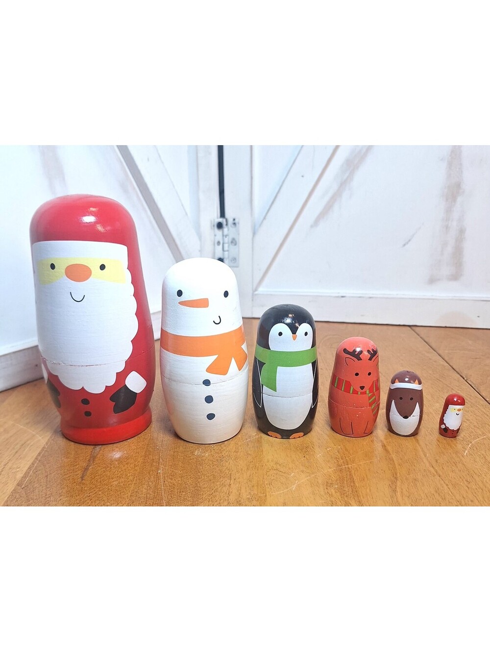 6 Piece Wooden Santa Nesting Dolls Hand Painted 6” Tall Colorful Christmas Décor